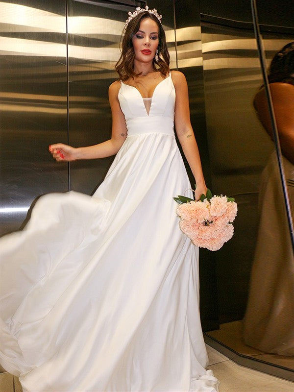 Sleeveless Sweep/Brush Ruffles Straps Spaghetti A-Line/Princess Charmeuse Train Wedding Dresses