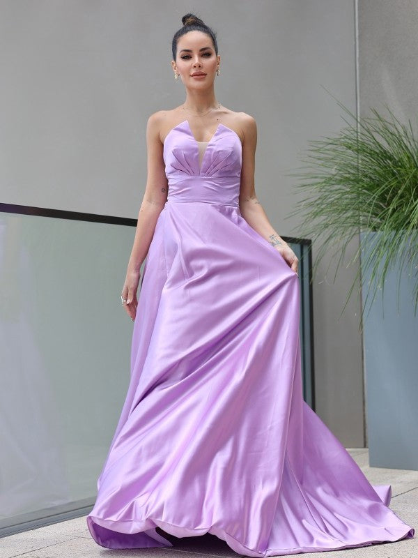 Satin Sleeveless Ruffles Sweetheart A-Line/Princess Sweep/Brush Train Dresses