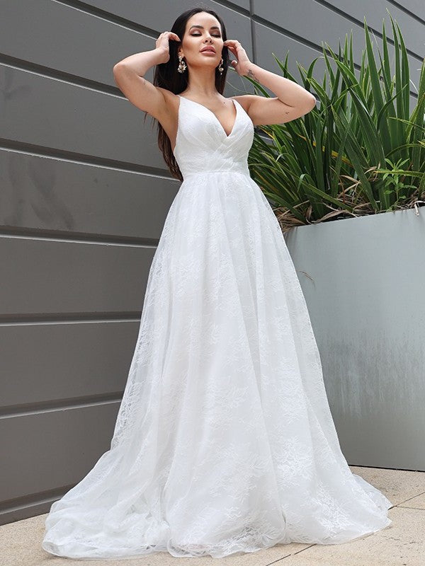 Ruched Sleeveless Sweep/Brush A-Line/Princess V-neck Lace Train Wedding Dresses