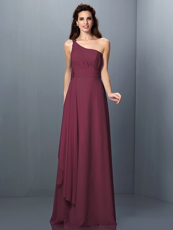 Pleats Sleeveless A-Line/Princess Long One-Shoulder Chiffon Bridesmaid Dresses