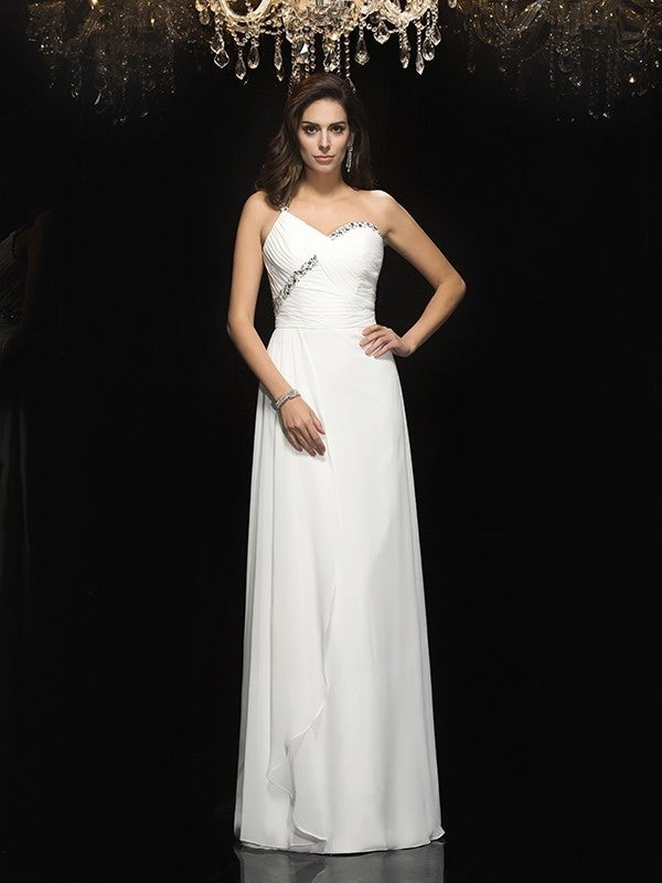 One-Shoulder Sleeveless Beading A-Line/Princess Long Chiffon Dresses