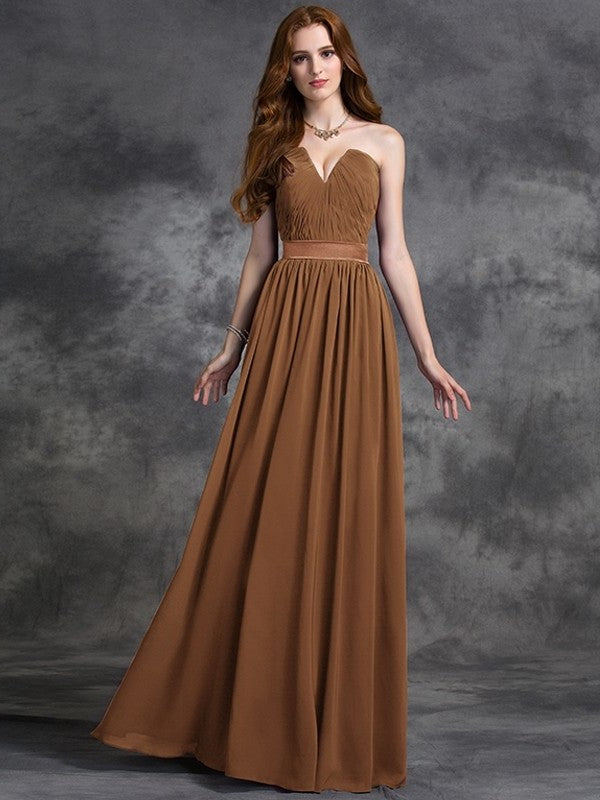 Ruched A-line/Princess Sleeveless Sweetheart Long Chiffon Bridesmaid Dresses