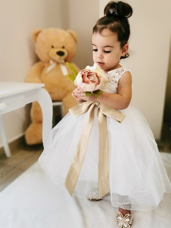 A-Line/Princess Sleeveless Scoop Tulle Knee-Length Sash/Ribbon/Belt Flower Girl Dresses