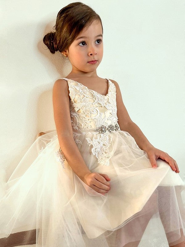 Lace Knee-Length V-neck Tulle A-Line/Princess Sleeveless Flower Girl Dresses