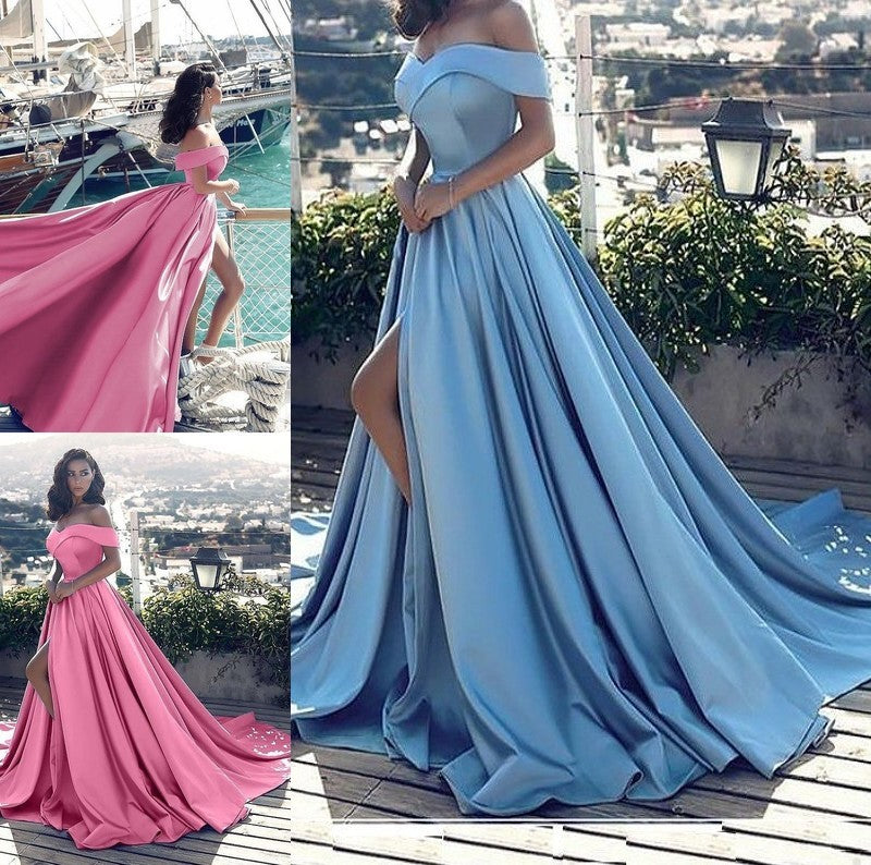 Ruffles Off-the-Shoulder A-Line/Princess Sleeveless Satin Court Train Dresses