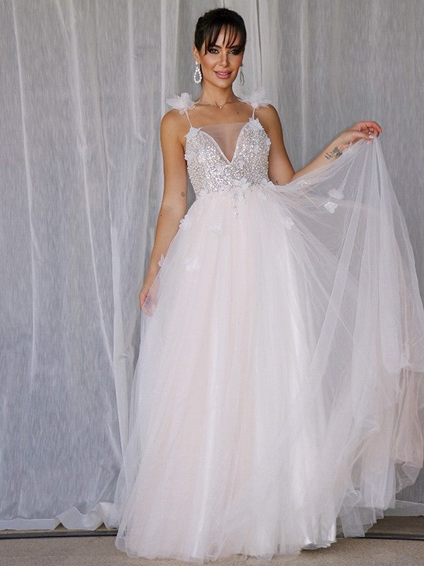 Beading A-Line/Princess Sleeveless Tulle V-neck Floor-Length Wedding Dresses