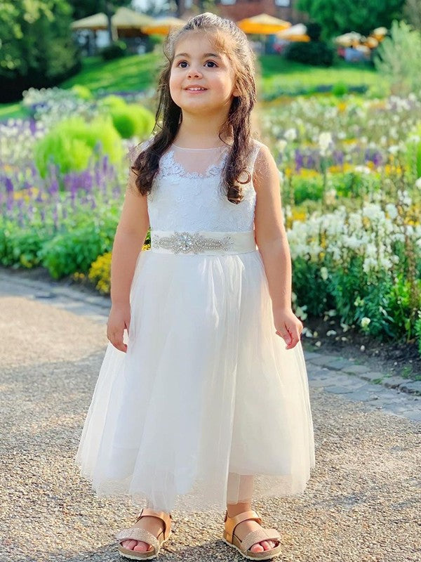 Scoop Tulle Tea-Length Sleeveless A-Line/Princess Lace Flower Girl Dresses