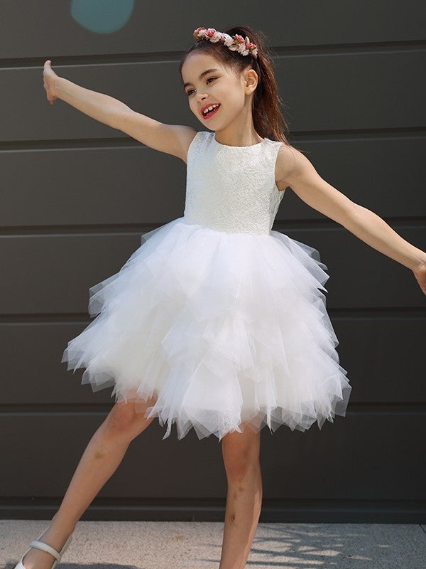 Lace A-Line/Princess Scoop Sleeveless Short/Mini Tulle Flower Girl Dresses