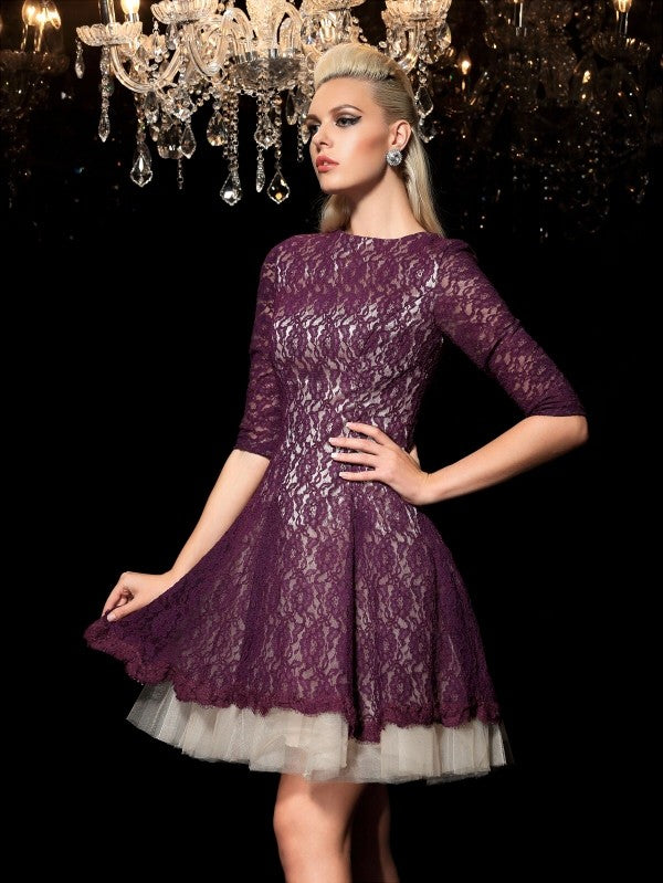 A-Line/Princess Michaela Sheer Neck Lace 1/2 Homecoming Dresses Sleeves Short Lace Cocktail Dresses