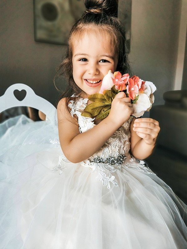 Sleeveless V-neck A-Line/Princess Tulle Ankle-Length Lace Flower Girl Dresses