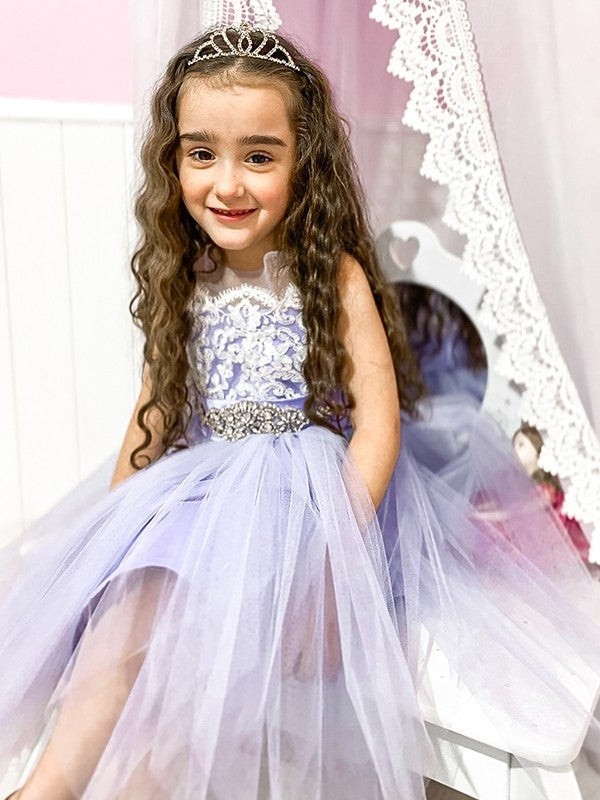 A-Line/Princess Scoop Knee-Length Lace Tulle Sleeveless Flower Girl Dresses