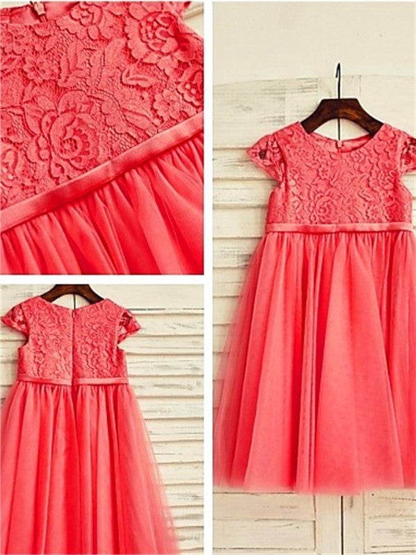 A-line/Princess Lace Scoop Tea-Length Tulle Short Sleeves Flower Girl Dresses