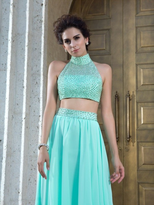 High Chiffon Sleeveless Long A-Line/Princess Neck Beading Two Piece Dresses