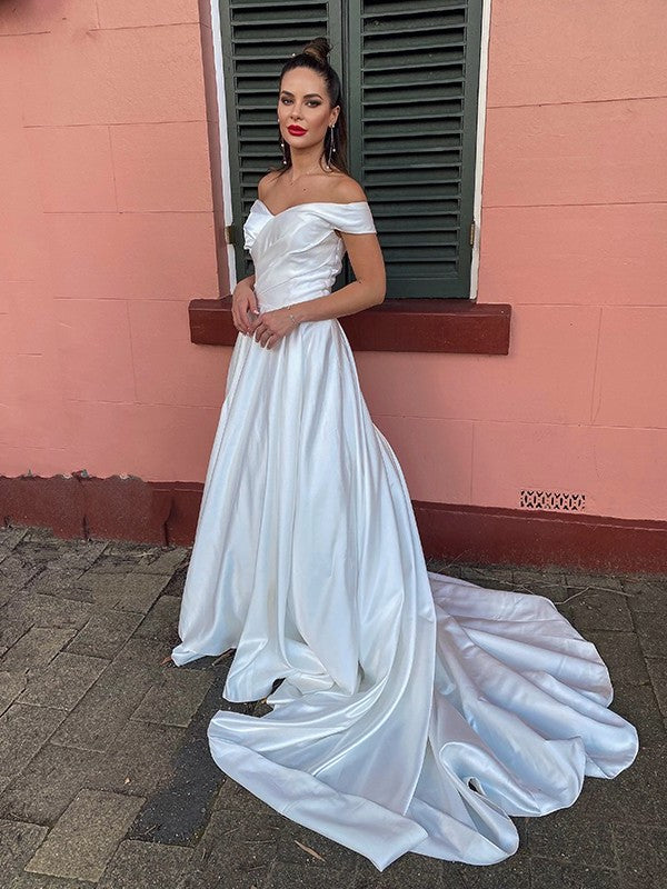 Court Ruched Satin Sleeveless A-Line/Princess Off-the-Shoulder Train Wedding Dresses