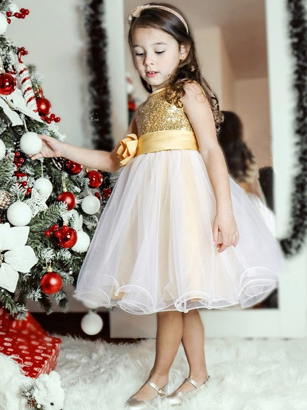 Organza A-Line/Princess Sleeveless Tea-Length Scoop Sequin Flower Girl Dresses