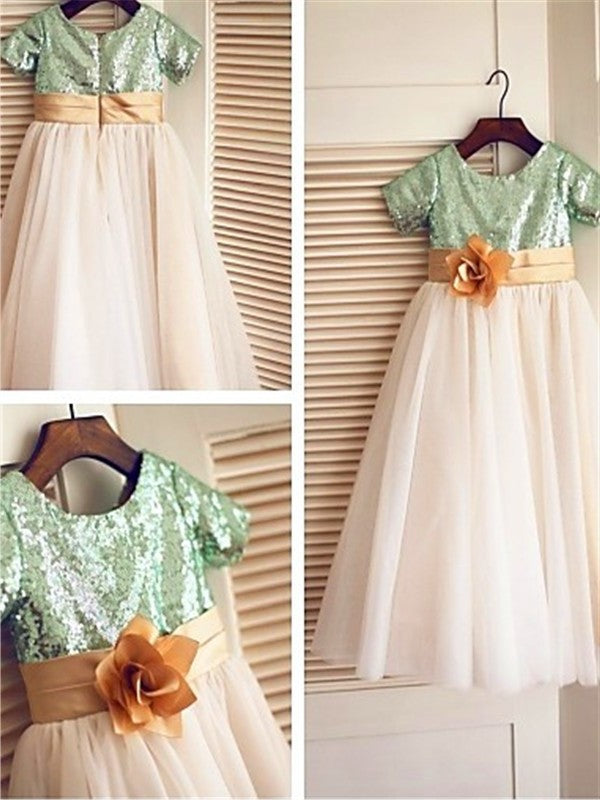 A-line/Princess Short Scoop Sequin Tulle Tea-Length Sleeves Flower Girl Dresses