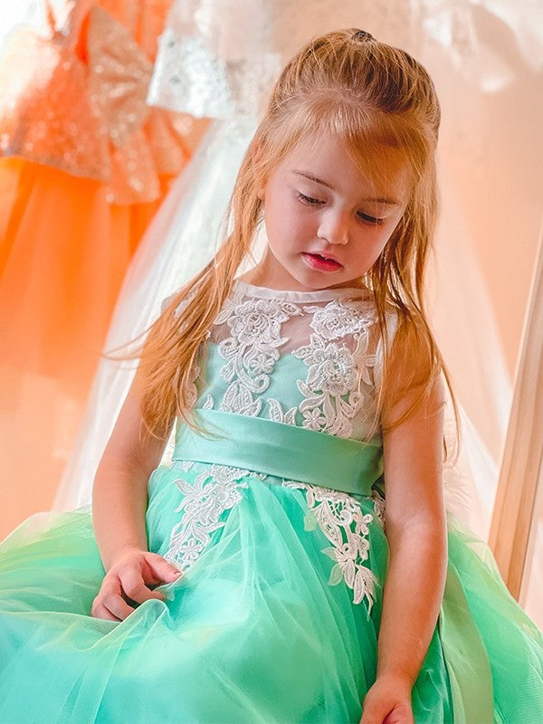 Sleeveless Knee-Length Applique A-Line/Princess Scoop Tulle Flower Girl Dresses