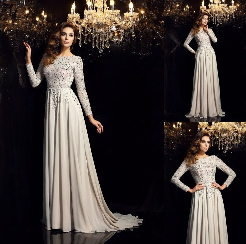 Scoop Sleeves A-Line/Princess Beading Long Long Chiffon Dresses