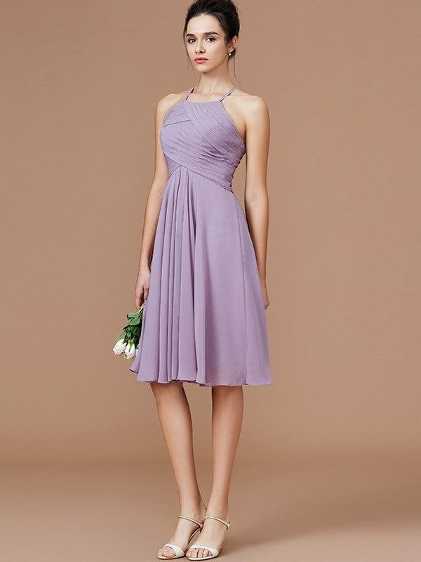 Short/Mini Sleeveless Halter Ruched A-Line/Princess Chiffon Bridesmaid Dresses