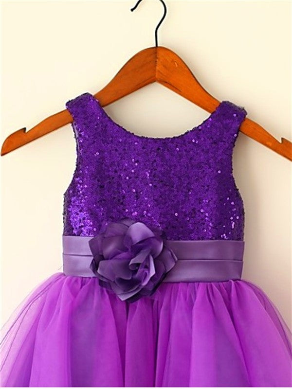 Scoop Sleeveless Tea-Length A-line/Princess Tulle Sequin Flower Girl Dresses