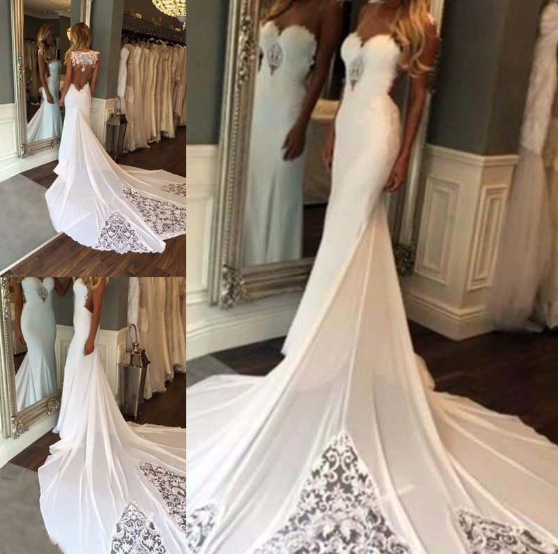 Sleeveless Cathedral Train Trumpet/Mermaid Applique Sweetheart Lace Wedding Dresses