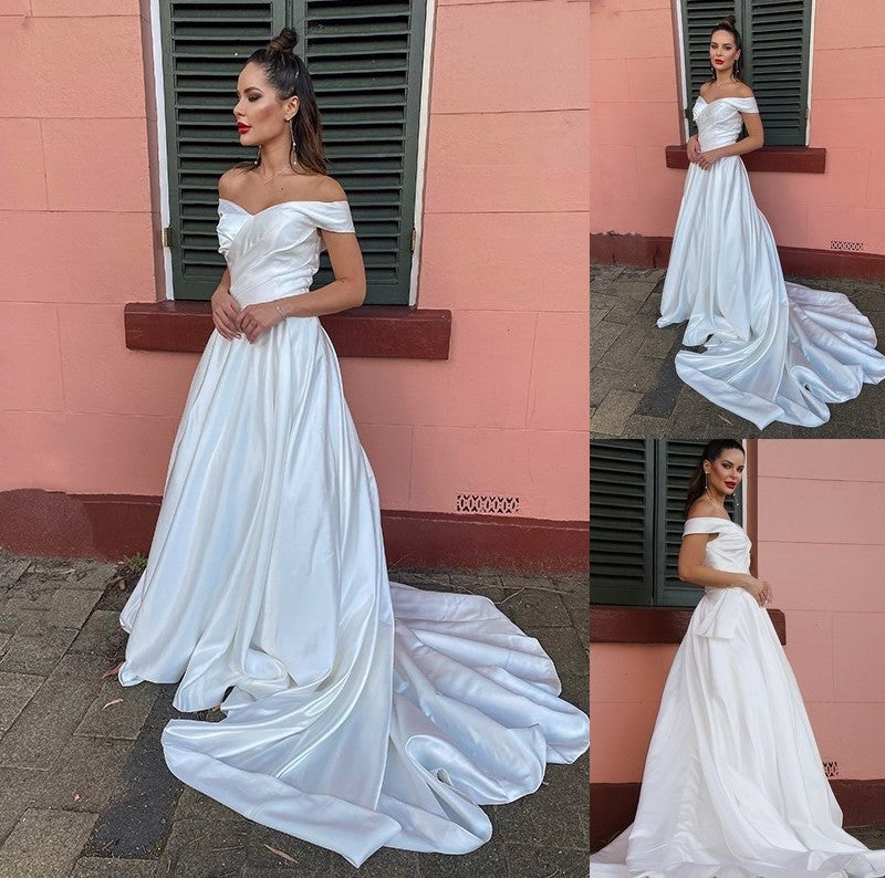 Court Ruched Satin Sleeveless A-Line/Princess Off-the-Shoulder Train Wedding Dresses