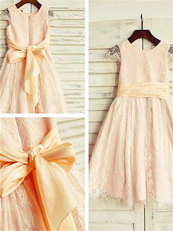 Short Scoop A-line/Princess Tea-Length Lace Sash/Ribbon/Belt Sleeves Flower Girl Dresses