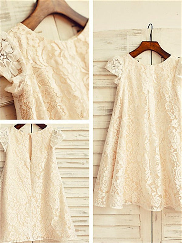 A-line/Princess Tea-Length Scoop Sleeves Short Lace Flower Girl Dresses