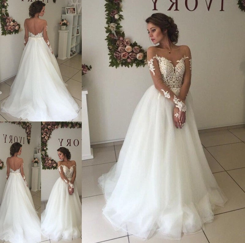 Sweep/Brush Tulle Train Long Off-the-Shoulder A-Line/Princess Sleeves Wedding Dresses