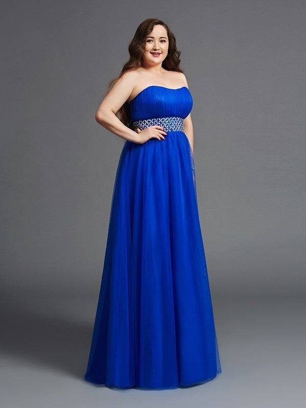 A-Line/Princess Rhinestone Sleeveless Long Net Strapless Plus Size Dresses