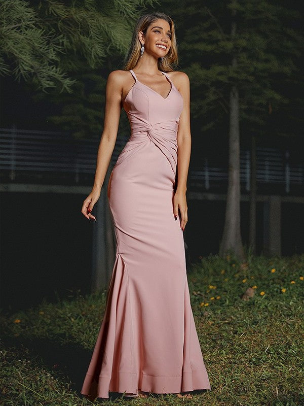 Sheath/Column Ruched Crepe V-neck Stretch Sleeveless Floor-Length Bridesmaid Dresses