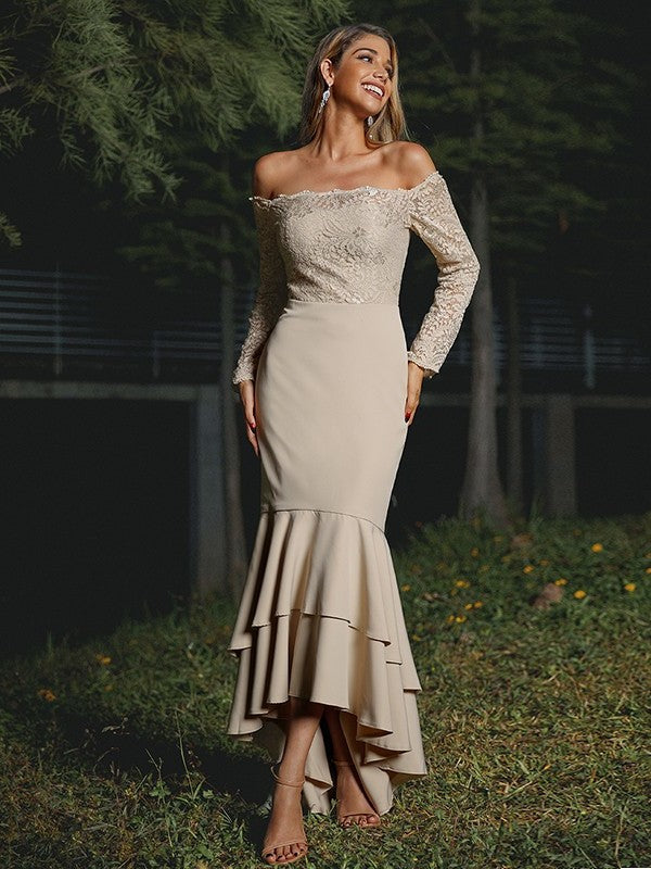 Trumpet/Mermaid Crepe Long Lace Off-the-Shoulder Sleeves Stretch Asymmetrical Bridesmaid Dresses