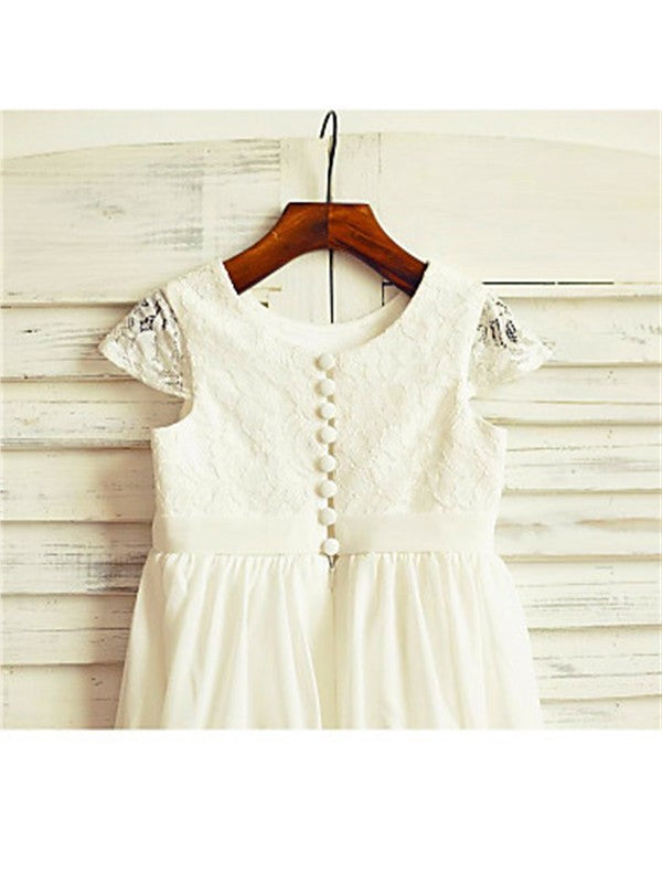 Lace Sleeves A-line/Princess Tea-Length Short Chiffon Scoop Flower Girl Dresses