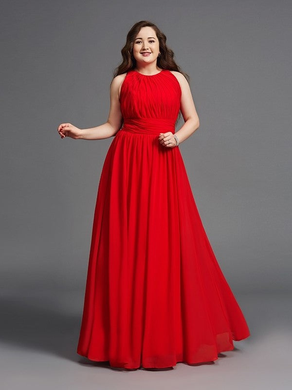 Chiffon Long Jewel A-Line/Princess Sleeveless Ruched Plus Size Dresses