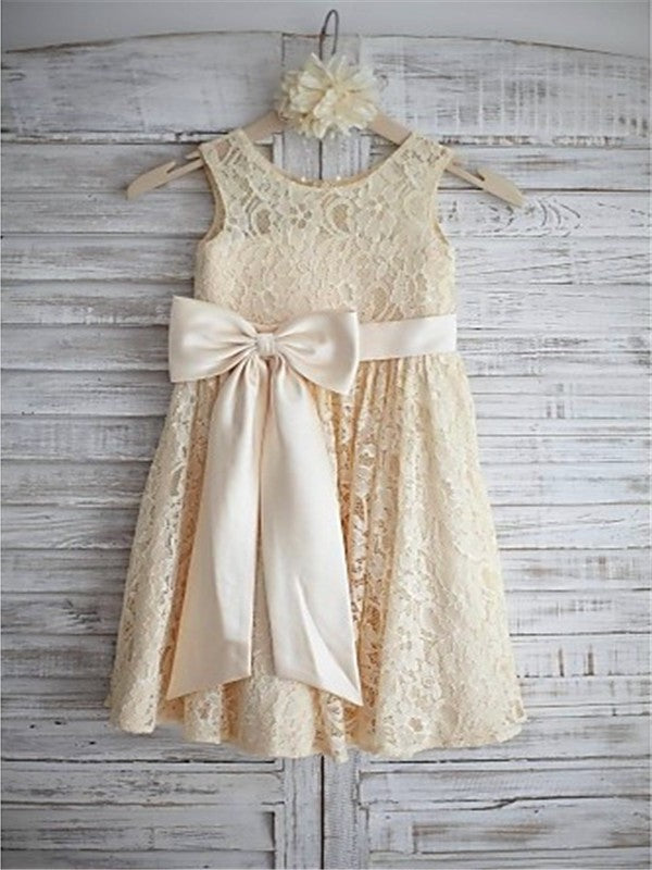 Lace Sleeveless Bowknot A-line/Princess Knee-Length Scoop Flower Girl Dresses