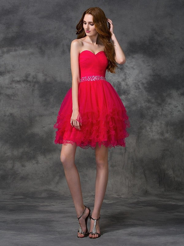 A-line/Princess Sweetheart Irene Beading Sleeveless Short Satin Homecoming Dresses Cocktail Dresses