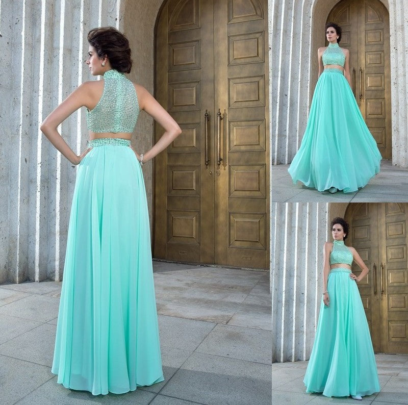 High Chiffon Sleeveless Long A-Line/Princess Neck Beading Two Piece Dresses