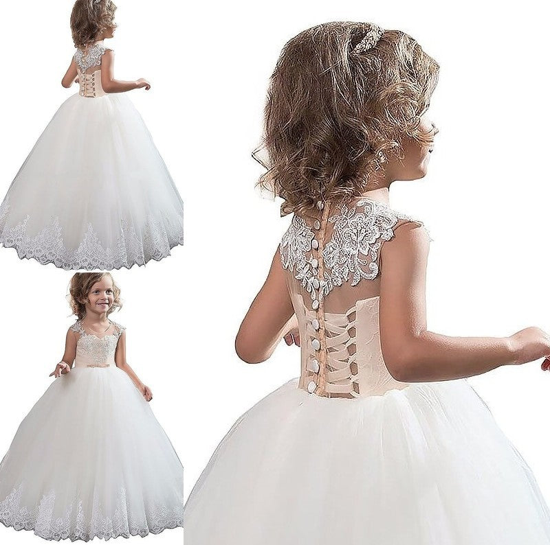 Applique Scoop Ball Floor-Length Gown Tulle Sleeveless Flower Girl Dresses