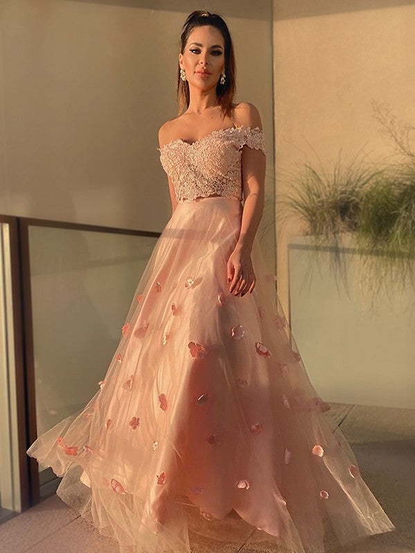 Hand-Made A-Line/Princess Sleeveless Tulle Floor-Length Flower Off-the-Shoulder Two Piece Dresses