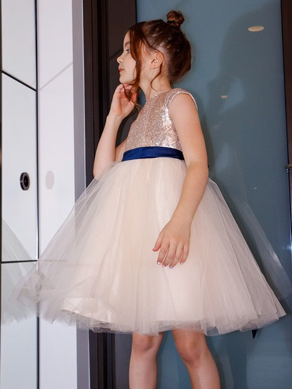 Tulle Short Sash/Ribbon/Belt Sleeves A-Line/Princess Scoop Knee-Length Flower Girl Dresses