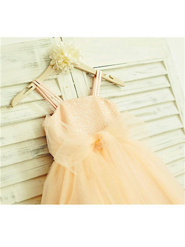 Spaghetti Sleeveless Tulle Sequin Straps A-line/Princess Tea-Length Flower Girl Dresses