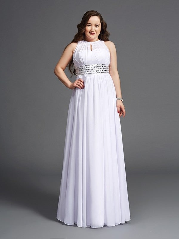 A-Line/Princess Jewel Sleeveless Long Chiffon Beading Plus Size Dresses