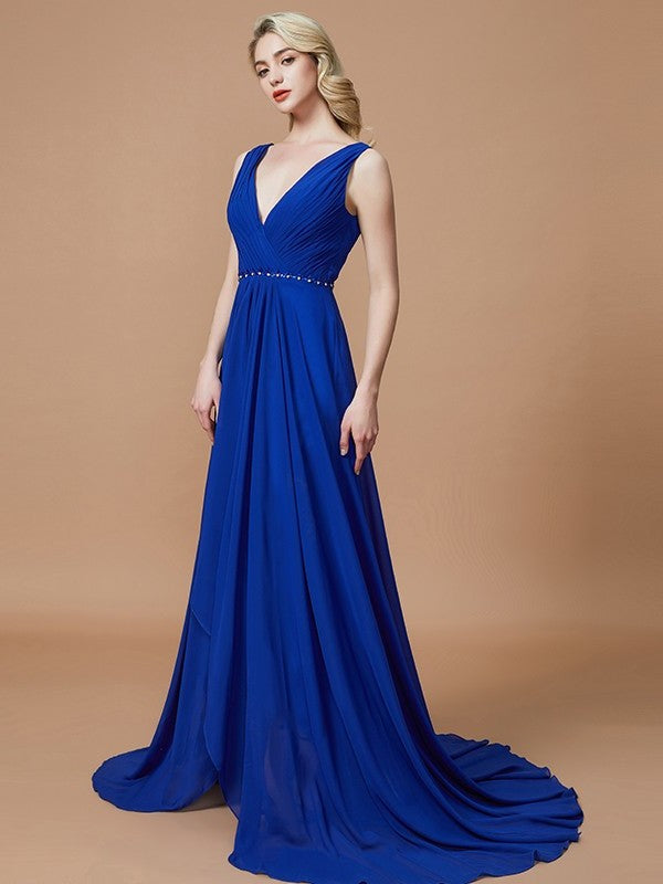 A-Line/Princess Chiffon Sweep/Brush Sleeveless V-neck Train Bridesmaid Dresses