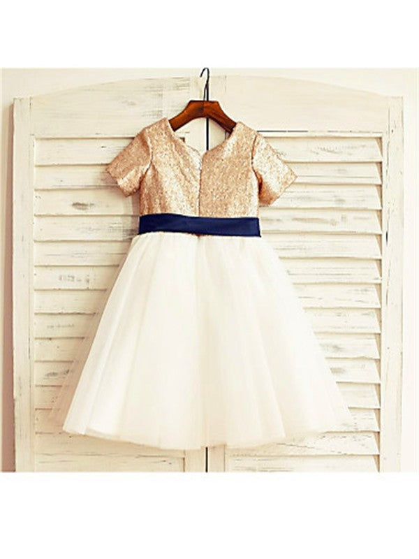 Sleeves Tulle Tea-Length Sequin A-line/Princess Scoop Short Flower Girl Dresses