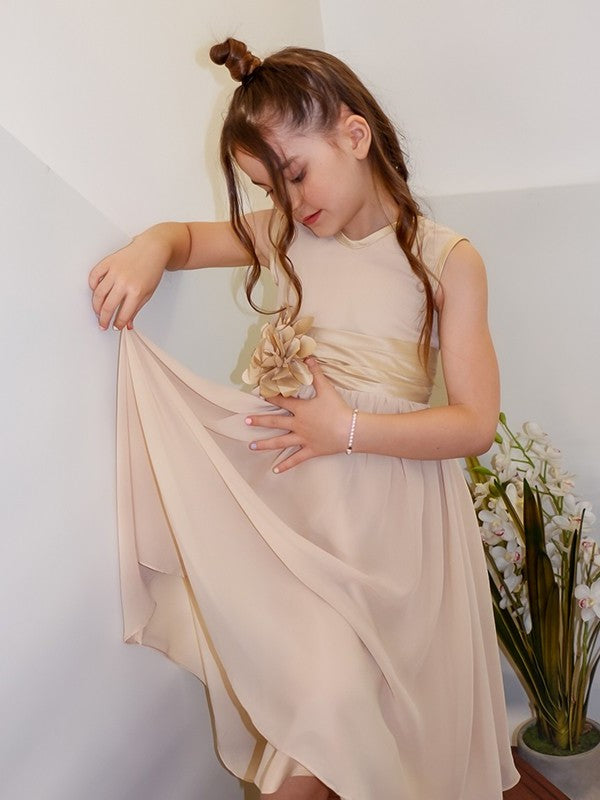 Chiffon Sleeveless A-Line/Princess Tea-Length Hand-Made Scoop Flower Flower Girl Dresses