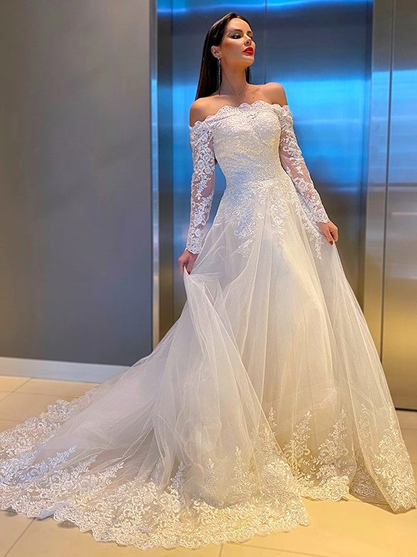 Sweep/Brush Sleeves Off-the-Shoulder Long Applique A-Line/Princess Lace Train Wedding Dresses