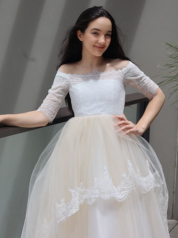 Ruffles Sleeves Train 1/2 A-Line/Princess Sweep/Brush Off-the-Shoulder Lace Junior/Girls Bridesmaid Dresses