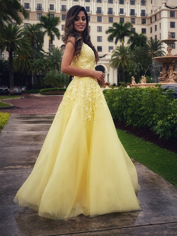 Sleeveless V-neck Floor-Length Tulle Applique A-Line/Princess Two Piece Dresses