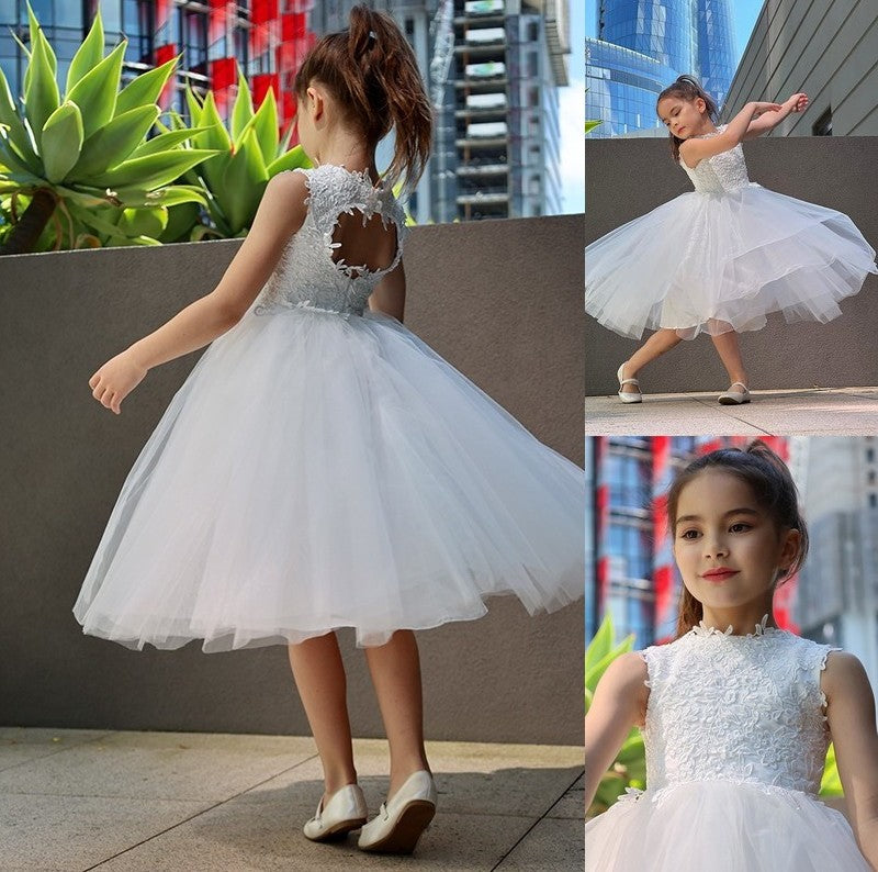 Knee-Length Tulle Lace Sleeveless Neck A-Line/Princess High Flower Girl Dresses