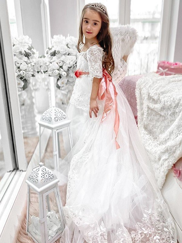 Sash/Ribbon/Belt Tulle Sweep/Brush Off-the-Shoulder 1/2 Train Sleeves A-Line/Princess Flower Girl Dresses